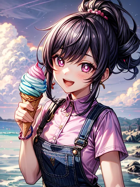 masterpiece,best quality, 1 girl,one,haru urara,overalls,overalls шорты,flower-shaped pupils,change,pink shirt,holding ice cream...