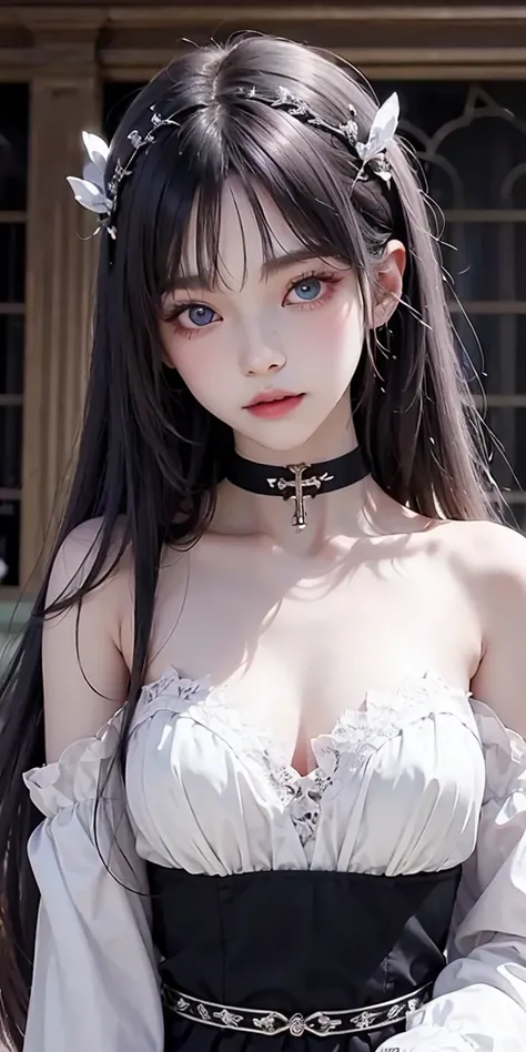 1girl, solo, long hair, looking at viewer, blush, bangs, blue eyes, shirt, hair ornament, long sleeves, hair between eyes, bare shoulders, purple eyes, collarbone, white shirt, upper body, white hair, parted lips, choker, indoors, off shoulder, head tilt, ...