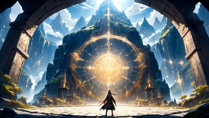 Japanese animation style、Like an illustration from a fantasy novel、Embark on an adventure、Rugged Mountain Dungeon Entrance、Delicate line drawing、Sword and magic world fantasy、Fantastic pattern of gold thread、magic circle、Beautiful views、high resolution、Ama...