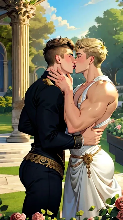 Romantic scene two young men kissing, Romantic scene two young men kissing, rose garden, imposing garden, baroque garden, Versailles, Europe, euroboy, European boy, handsome, boy, gay, cinematographic, bright, strong jaw, toned body, Greek face, handsome b...