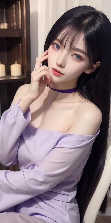 1girl, solo, long hair, looking at viewer, blush, bangs, blue eyes, shirt, hair ornament, long sleeves, hair between eyes, bare shoulders, purple eyes, collarbone, white shirt, upper body, white hair, parted lips, choker, indoors, off shoulder, head tilt, ...