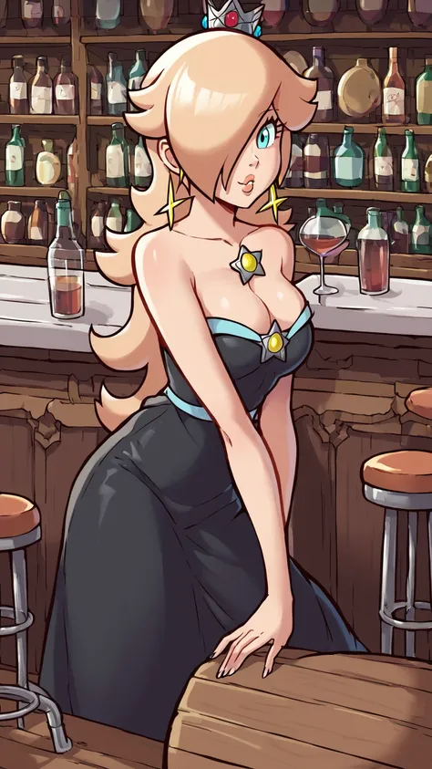 score_9, score_8_up, 1girl, solo, rosalina, style parody, thick outlines, black dress, sleeveless, strapless, cleavage, indoors, bar, 