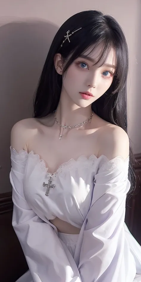 1girl, solo, long hair, looking at viewer, blush, bangs, blue eyes, shirt, hair ornament, long sleeves, hair between eyes, bare shoulders, purple eyes, (( very giantic breasts )) ,  collarbone, white shirt, upper body, white hair, parted lips, choker, indo...