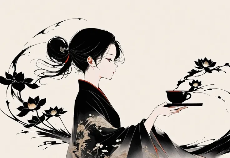 (大量留white:1.5)，white, white色背景, simple, Minimalism, abstract,Freehand，Aesthetic，黑与white，Ink Painting，antiquity，Lotus，Girl drinking tea