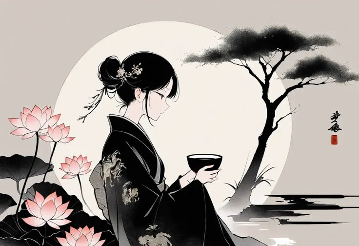 (大量留white:1.5)，white, white色背景, simple, Minimalism, abstract,Freehand，Aesthetic，黑与white，Ink Painting，antiquity，Lotus，Girl drinking tea