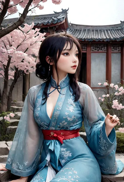 a beautiful girl ,Put on gorgeous Hanfu, Chinese Architecture, landscape