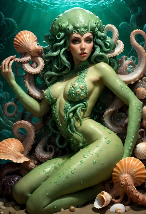 A sexy woman, viscous green skin, sea shells cover her naughty bits (safe for work), octopus head, lewd poses, tentacle slime pit, seductive female Cthulu