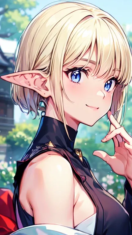 Very close、((Focus on the upper body))、16k、masterpiece、High resolution、High resolution、Samurai、((1 young elven woman))、((Beautiful white skin))、((Beautiful blonde))、((Small breasts))、Bunhead、short hair、((Beautiful Blue Eyes))、((Pointed Ears))、Smiling Kindl...