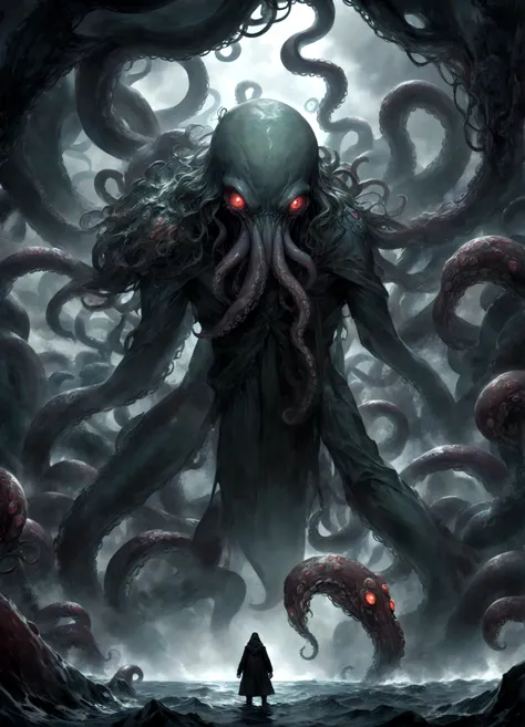 a dark fantasy scene depicting the terrifying creature cthulhu,emerging from the abyss. the monstrous figure,shrouded in shadows...