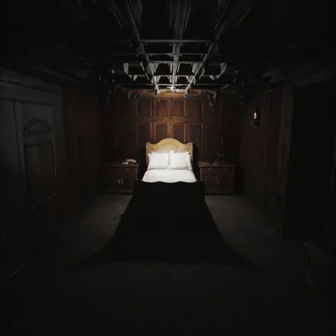 in a dark room there is a bed with a wooden headboard, dark bedroom, The Dark Mansion Room, Dimly lit bedroom, creepy room, a dark room, dim bedroom, dimly lit room, Claustrophobic room, The Premonition Room, Dimly lit interior room, shadow room, Gloomy, T...