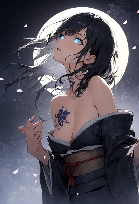 (masterpiece:1,2), best quality, masterpiece, highres, original, extremely detailed wallpaper, perfect lighting,geisha, kimono,Bare shoulder,tattoo,(((Black and white))),Extreme detail,solo,Cold eyes,look up,Glowing eyes,byobu,moon,Black hair,petal,sexy