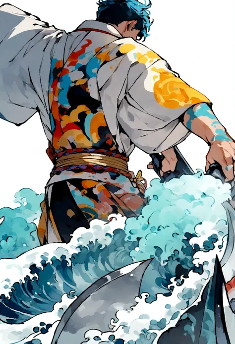 Japanese boys illustrator wearing Japanese clothes, with big blades, with blue fire, back with a sea wave design, zoom out, white background, paint ilustrator, 