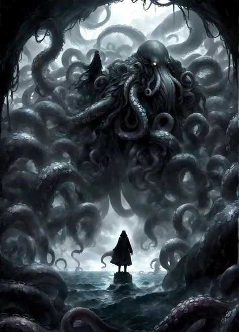 a dark fantasy scene depicting the terrifying creature cthulhu,emerging from the abyss. the monstrous figure,shrouded in shadows...