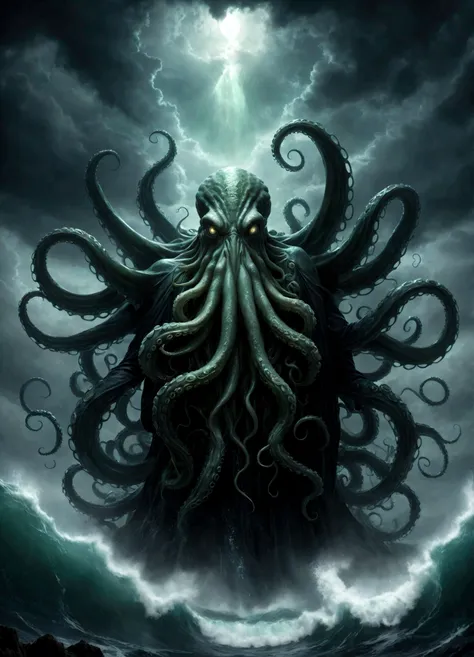 a dark fantasy scene depicting the terrifying creature cthulhu,emerging from the abyss. the monstrous figure,shrouded in shadows...