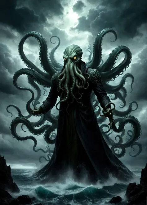 a dark fantasy scene depicting the terrifying creature cthulhu,emerging from the abyss. the monstrous figure,shrouded in shadows...