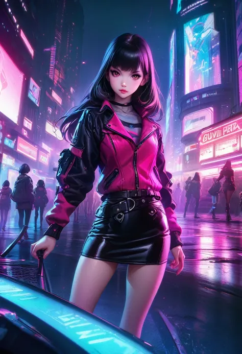 Anime girl, standing on a city street in a leather skirt, long-haired Ilya Kuvshinov, Work in Guviza style, anime art wallpaper 8k, Guwitz at the Pisif Art Station, Guviz at the Pisov art station, cyberpunk anime art