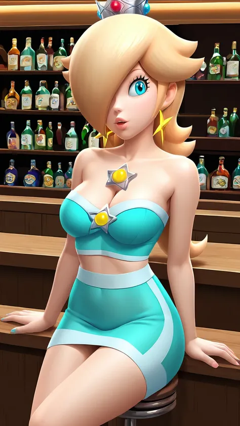 score_9, score_8_up, 1girl, solo, rosalina, style parody, thick outlines, blue bra, sleeveless, strapless, cleavage, indoors, bar, 