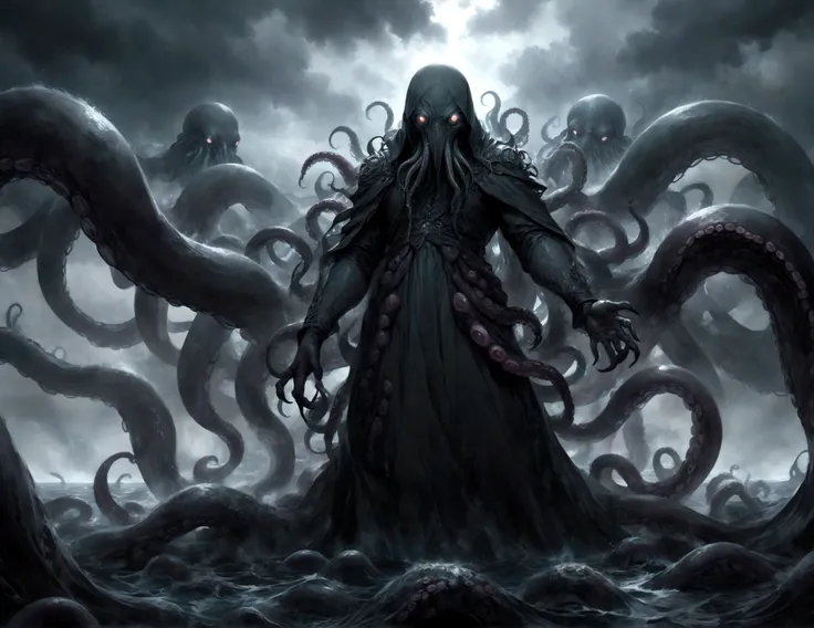 a dark fantasy scene depicting the terrifying creature cthulhu,emerging from the abyss. the monstrous figure,shrouded in shadows...