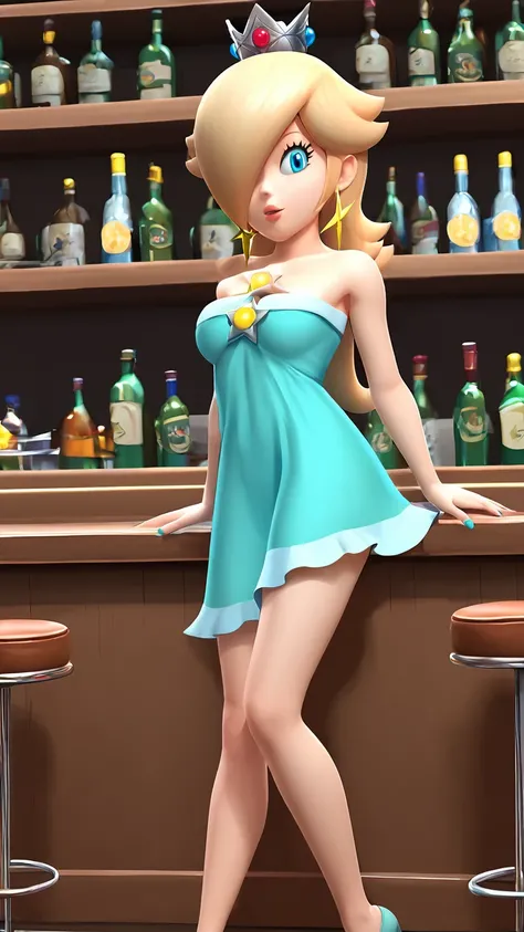 score_9, score_8_up, 1girl, solo, rosalina, style parody, thick outlines, blue dress, sleeveless, strapless, cleavage, indoors, bar, 