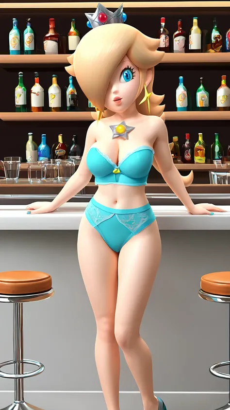 score_9, score_8_up, 1girl, solo, rosalina, style parody, thick outlines, blue lingerie, sleeveless, strapless, cleavage, indoors, bar, 