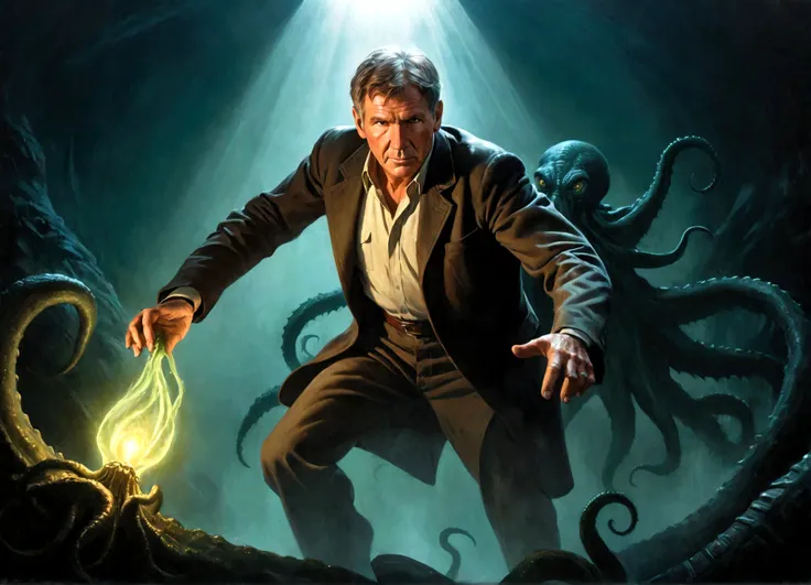 a 30 year old Harrison Ford in adventurers gear, dramatic pose, Cthulu and its dark shadow reaching for him, 50s movie poster, (best quality,4k,8k,highres,masterpiece:1.2),ultra-detailed,(realistic,photorealistic,photo-realistic:1.37), cinematic, dramatic ...