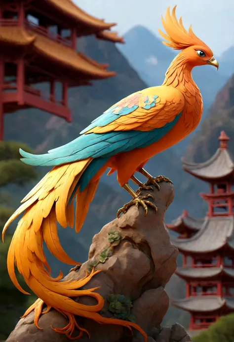 Phoenix, Sacred Birds in Chinese Mythology　More realistic 8ｋimage　 imageサイズ9:16. Gorgeous and gorgeous decorations make for very dazzling art　A beautiful sight with a mountain in the background