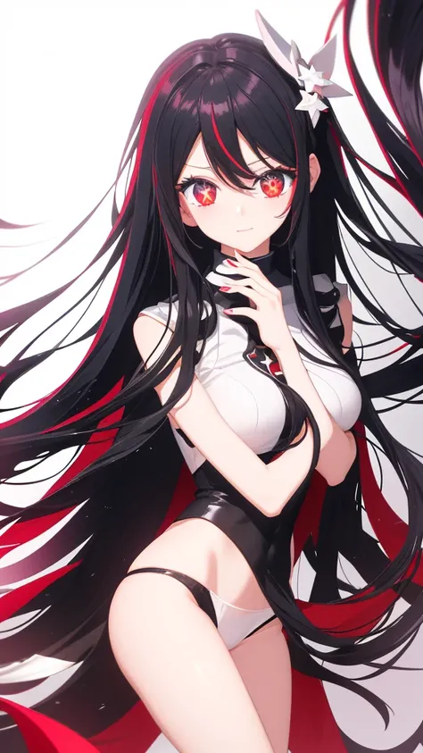 Anime girl
Black long hair
Red colored eyes with shiny white six-star irises
Cute
Sexy girl
Solo girl
1 girl