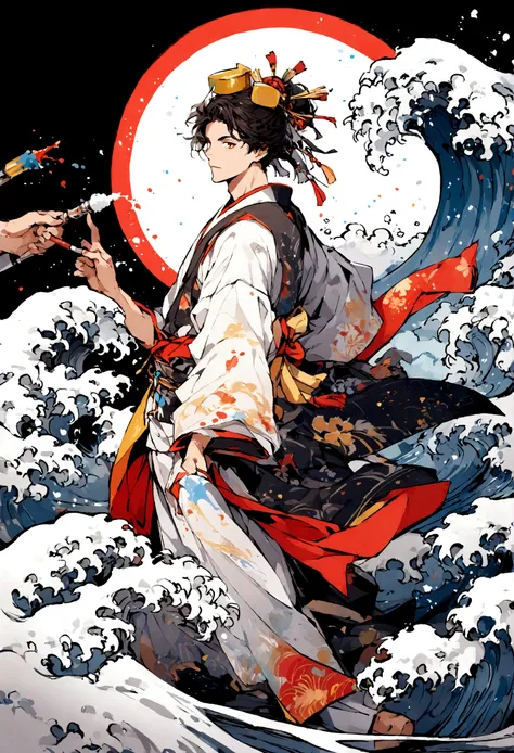 Japanese boys illustrator wearing Japanese clothes, back with a sea wave design, zoom out, white background, paint ilustrator, 