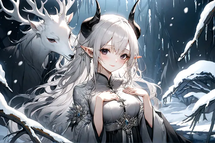 (best quality, highres, masterpiece : 1.4), (arknight), (flatten art : 0.8), masterpiece, (best quality), dark environment, 1woman, anime, long hair, white hair, straight hair, white stag horns, pale skin, dark eyes, long pointy ears, tall, white ao dai, m...