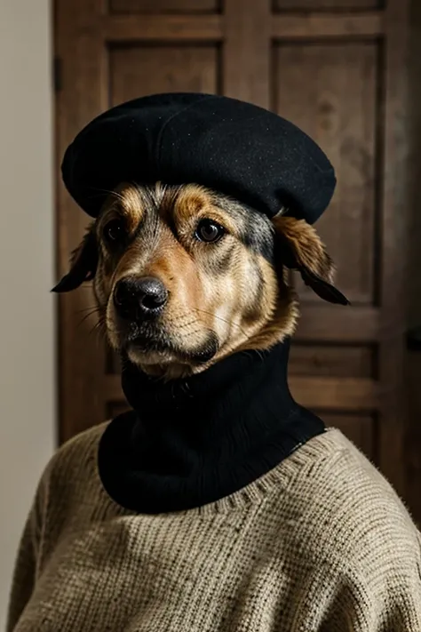 quality 8k, Masterpiece 1:3, Shepherd dog in a beret and a black turtleneck