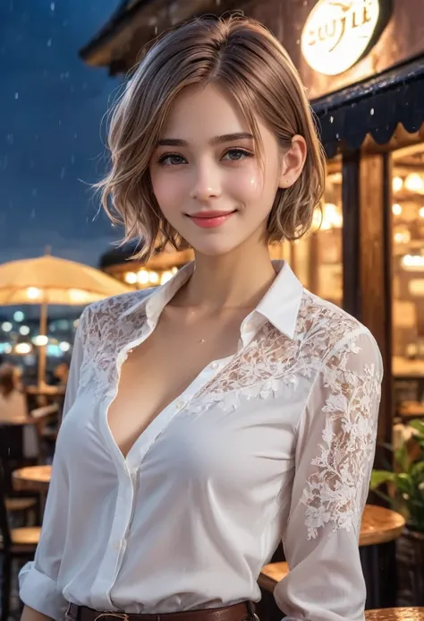 (8K, Top quality, masterpiece: 1.2), (Practical, photoPractical: 1.37), Super detailed, 1 girl, 17 years old, Solitary, small breasts, Beautiful and detailed sky, Detailed café, night, (blush), (Smile: 1.15), (Shut up), small, (Collared shirt: 1.1), night,...