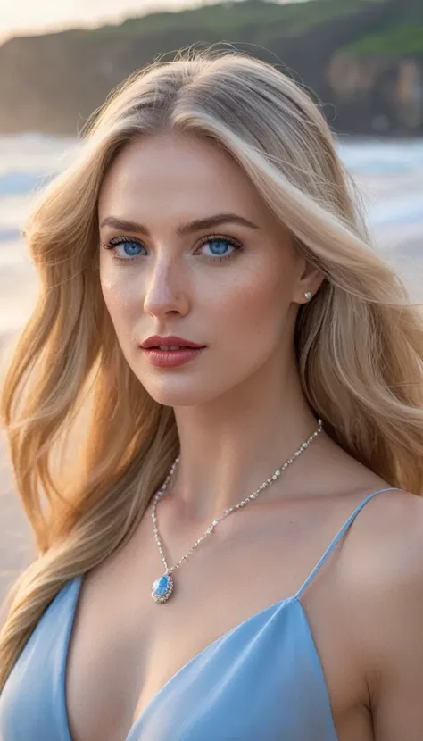 (detailed), perfect face, realistic photo of beautiful woman, blue eyes, piercing eyes, long hair, blond hair, wearing detailed necklace, Polish, influencer, light freckles, big lips, no makeup, wearing detailed bracelet, wearing detailed watch, wearing de...