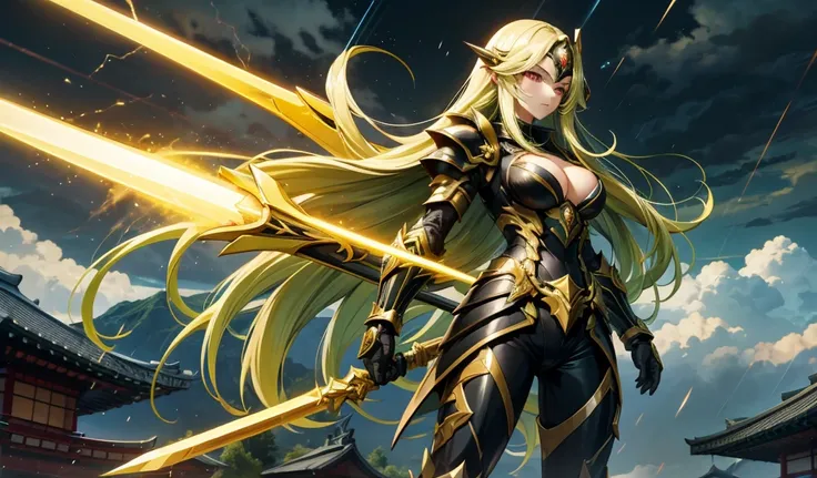 Beauty with green long hair ，Golden forehead protector，Japanese lightning totem black armor，cleavage，，spear，Standing，dark clouds thunder and lightning