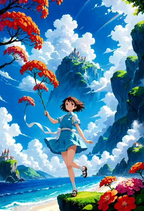 COLORFUL, vibrant, stunning, top-notch, miracle, STUDIO GHIBLI style, PHydrangea Girl, Style of Shinnkai Makoto, in the sky & sea, at somewhere Europa, MOST COLORFUL creation!"