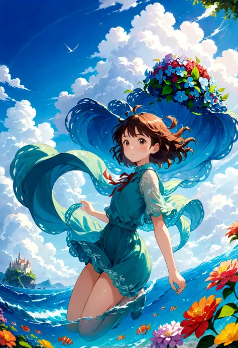 COLORFUL, vibrant, stunning, top-notch, miracle, STUDIO GHIBLI style, PHydrangea Girl, Style of Shinnkai Makoto, in the sky & sea, at somewhere Europa, MOST COLORFUL creation!"