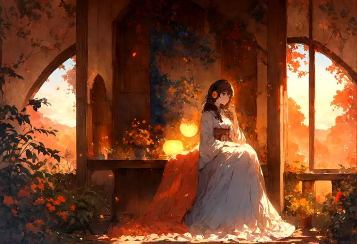 A young woman with headphones, entranced by the stunning sunset before her. She radiates peace and contentment, her eyes reflecting the warm hues of the sky as she basks in the glow of natures beauty. This scene is portrayed in a beautifully detailed anime...