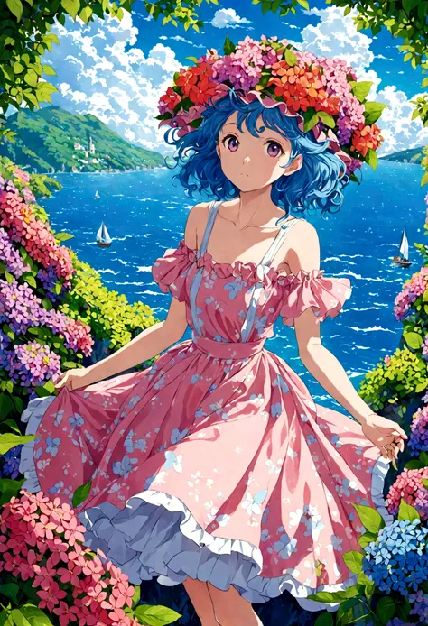 COLORFUL, vibrant, stunning, top-notch, miracle, STUDIO GHIBLI style, PHydrangea Girl, Style of Shinnkai Makoto, in the sky & sea, at somewhere Europa, MOST COLORFUL creation!"