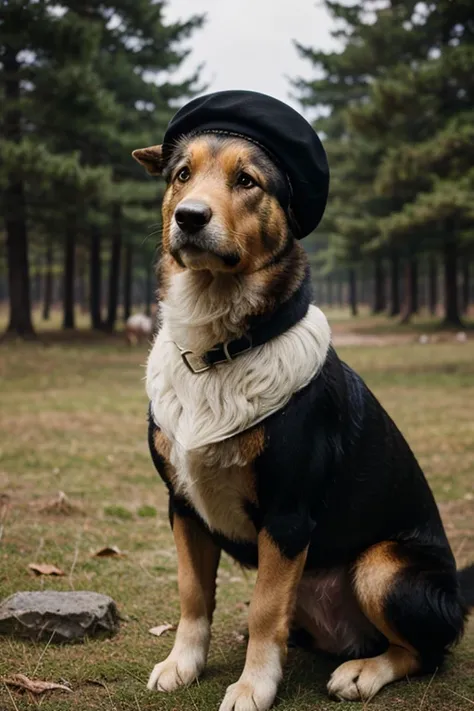 quality 8k, Masterpiece 1:3, Shepherd dog in a beret and a black turtleneck