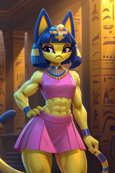 digital artwork of ankha with abs wearing a crop top pink sleeveless dress shirt with pink skirt