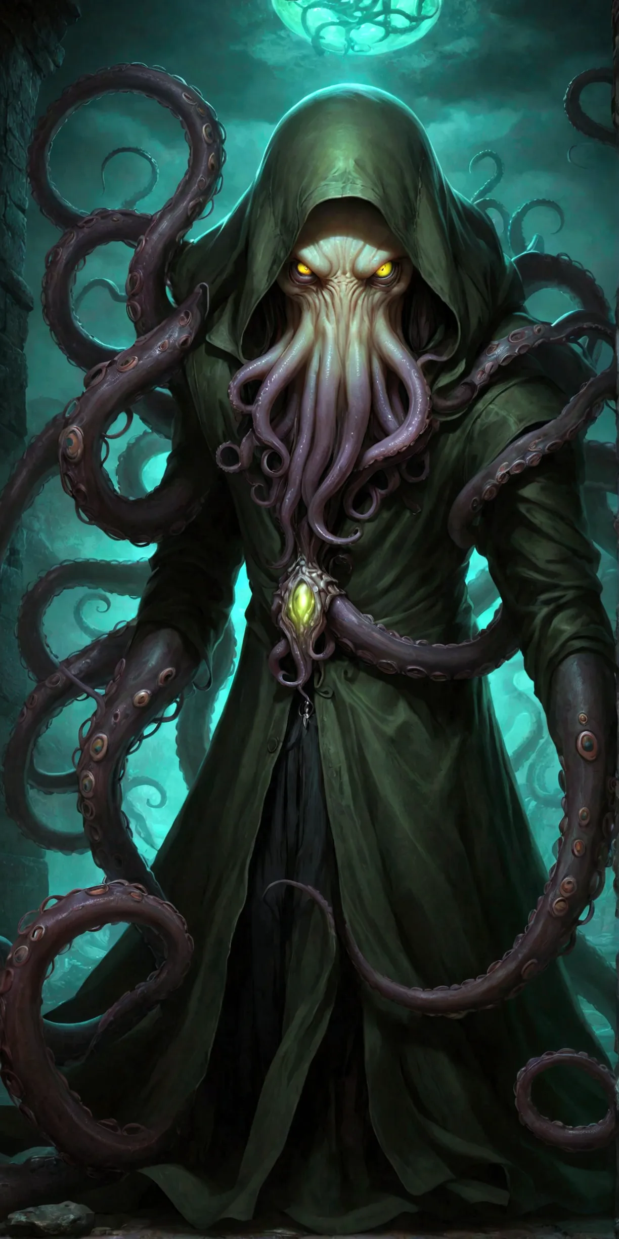 a cthulhu assassin，dark twisted tentacles，glowing immortal eyes，unspeakable ancient entity，sticky limbs，abomination of the under...