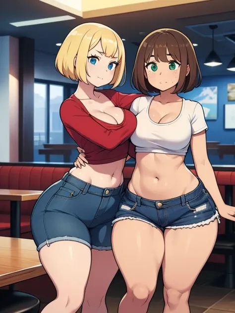 ((highres)), Masterpiece, high quality, best quality, beautiful, perfect lighting, detailed face, ultra cute face, ((2girls)), one girl has blonde hair, blue eyes, crop top and shorts, one girl has brown hair, green eyes, jeans, white shirt, fast food rest...