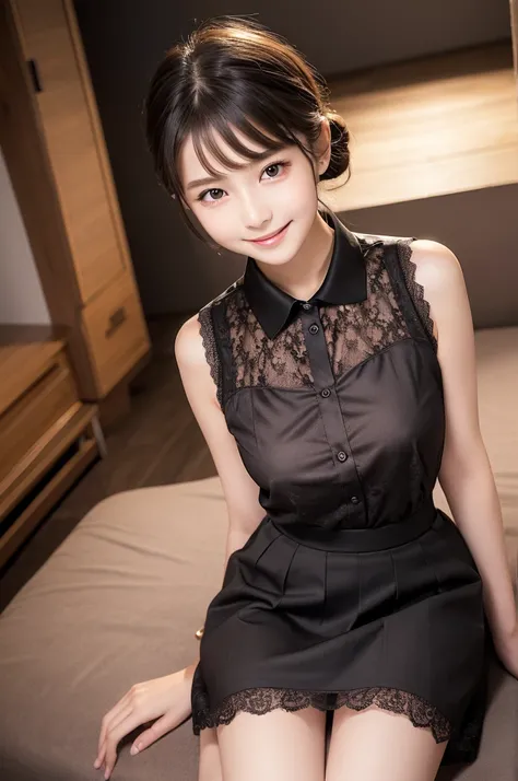 (high quality)、(high resolution)、Professional Lighting、10 year old girl、Primary school students、Young face、Thin and beautiful legs、Narrow waist、(Big Breasts)、whole body、(smile:1.1)、(Lace sleeveless buttoned and collared elegant blouse)、(Lace mini skirt)、(A...