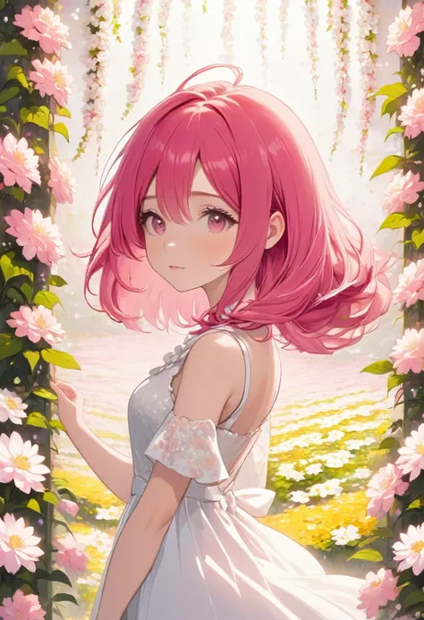 girl、Pink Hair、Hair length is semi-long、Has pink and white flowers、Floral Background、花もgirlも背景もふわふわした感じ、White dress