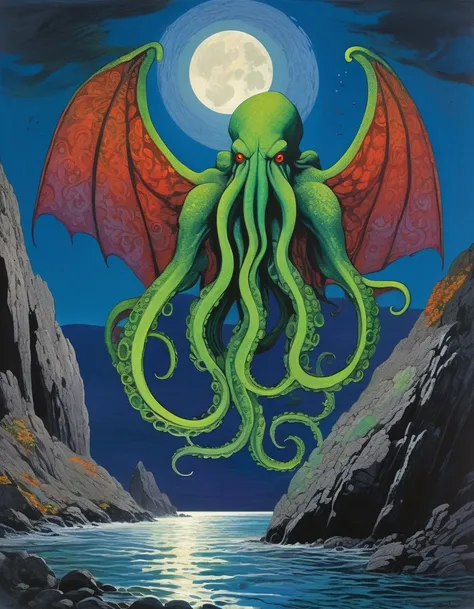 Cthulhu illuminated by moonlight on a rocky shore, Russian khohloma, from the shoulder, Very colorful,
 Best Improvisation,  ((Norman-Ackroyd style!)), ((perfect full body detail)), magic naive art, primitivism, protogen, liliac
, ((best quality, Masterpie...