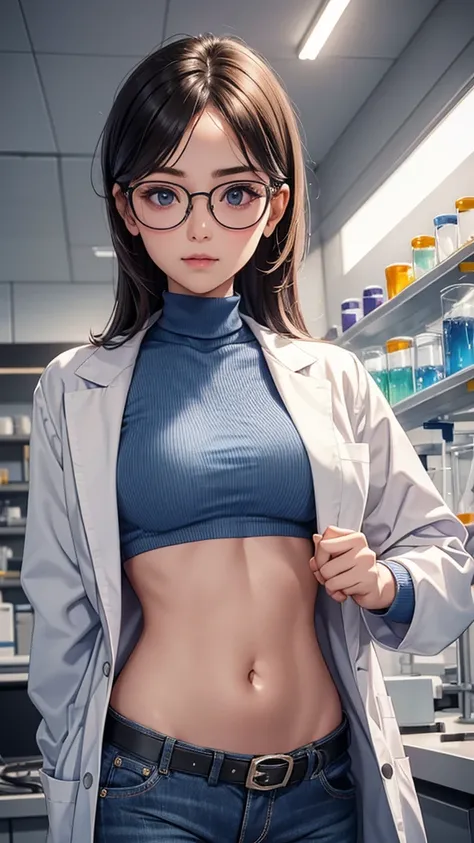 Girl in Laboratory, Turtle-neck, lab coat, showing navel, belt, Exposing the abdomen below the navel, well-dressed, glasses, blue jean, laboratory
, ID Card 