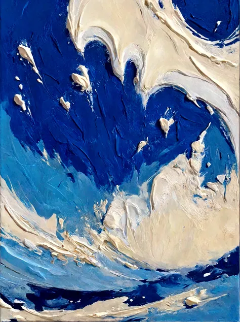 Big Wave，bright，Blue Background，vanilla，cream，whiskey，Abstract Art，emotion，emotion，Thick textured paint, 