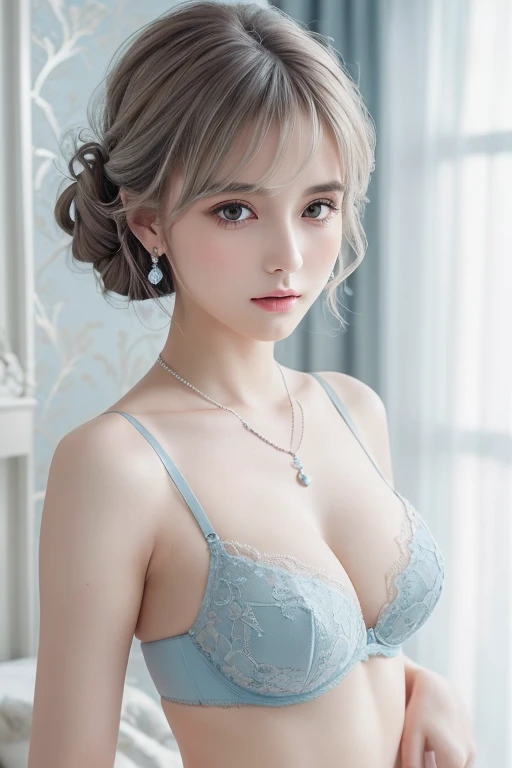 blue lace thong&bra, (((Very elegant and beautiful, Perfect detail, Super detailed))), whole body, The most detailed girl, Depth of written boundary, 美しく詳細なwhole body, Thin legs, 1 girl, 30 years old, Very short hair, Spiked Hair, Gray and silver hair, Bea...