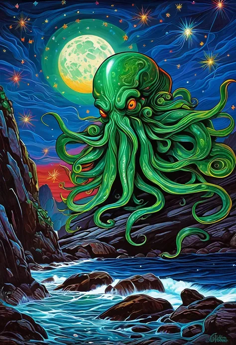 Cthulhu illuminated by moonlight on a rocky shore, Russian khohloma, dream under the summer starry sky, Russian paraphernalia, from the shoulder, Very colorful,
 Best Improvisation,  ((Mordecai-Ardon style!)), ((perfect full body detail)), magic naive art,...