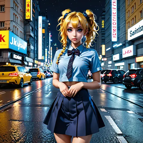 (8k, RAW photo, masterpiece:1.3), (realistic, photo-realistic:1.37), (night), (looking at viewer:1.331), (yellow hair), posing, Moscow street, nightcityscape, cyberpunk city, soft light, 1girl, extremely beautiful face, bust, put down hands, Random hairsty...