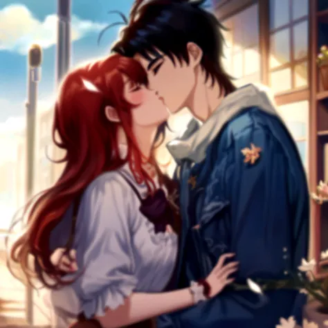 a close up of a person kissing a person on a street, shoujo romance, sakimichan, manhwa, kissing together cutely, 8k)), ( ( ( yoshinari yoh ) ) ), beautiful anime style, anime picture, pin on anime, shoujo manga, by Eizan Kikukawa, beautiful anime art styl...